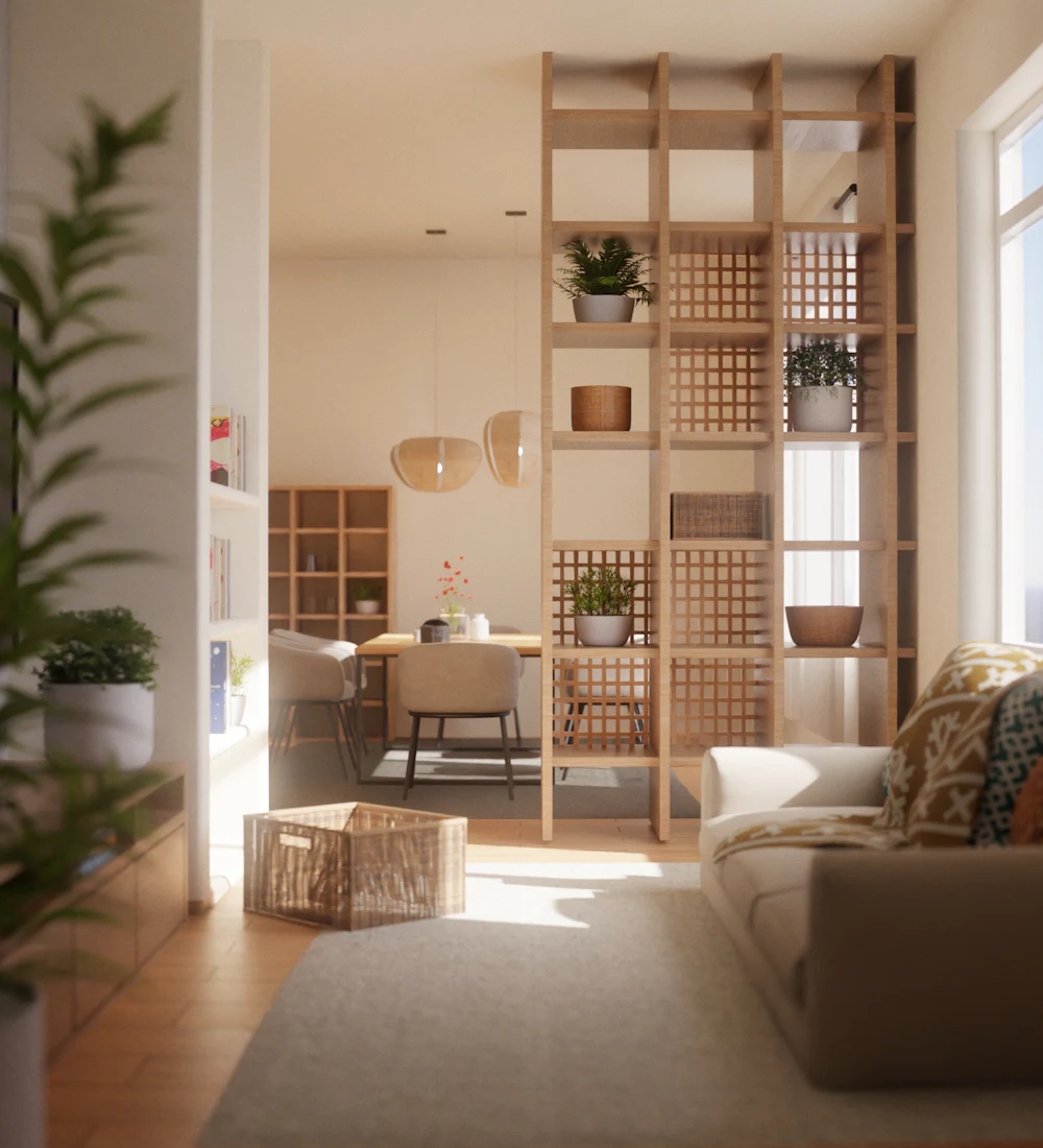 Salón luminoso con estanterías de madera